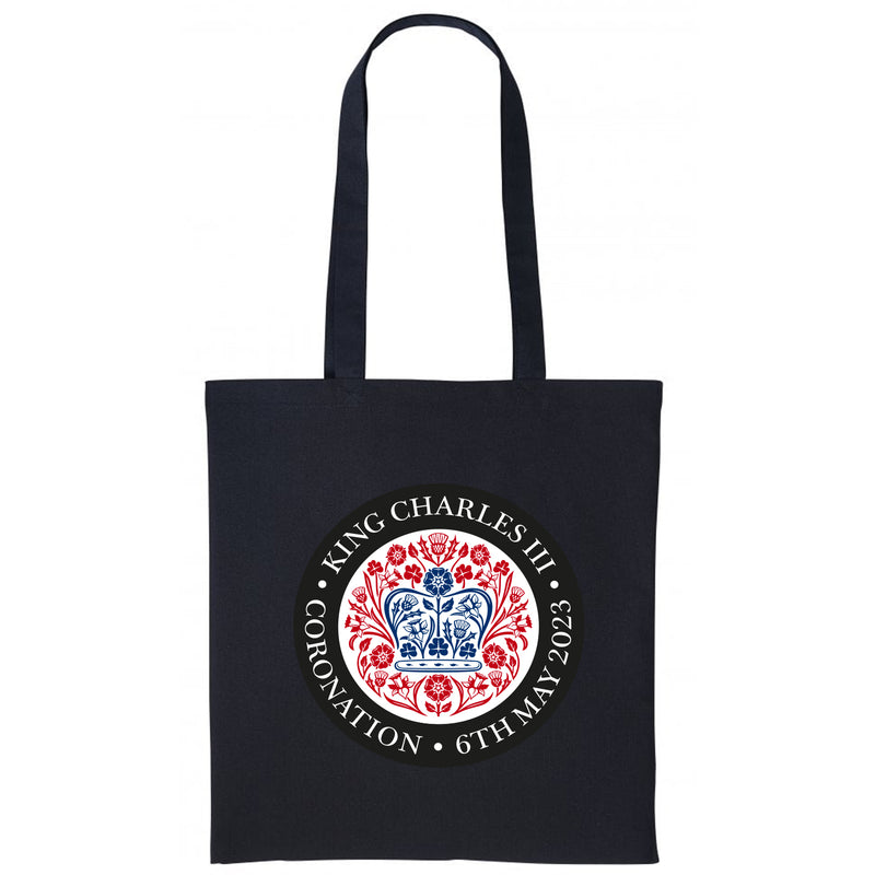 King Charles III Coronation Official Logo Black Tote Bag - coronation bag-blue, red, pink, black, rainbow logo-coronation handbag, grab bag