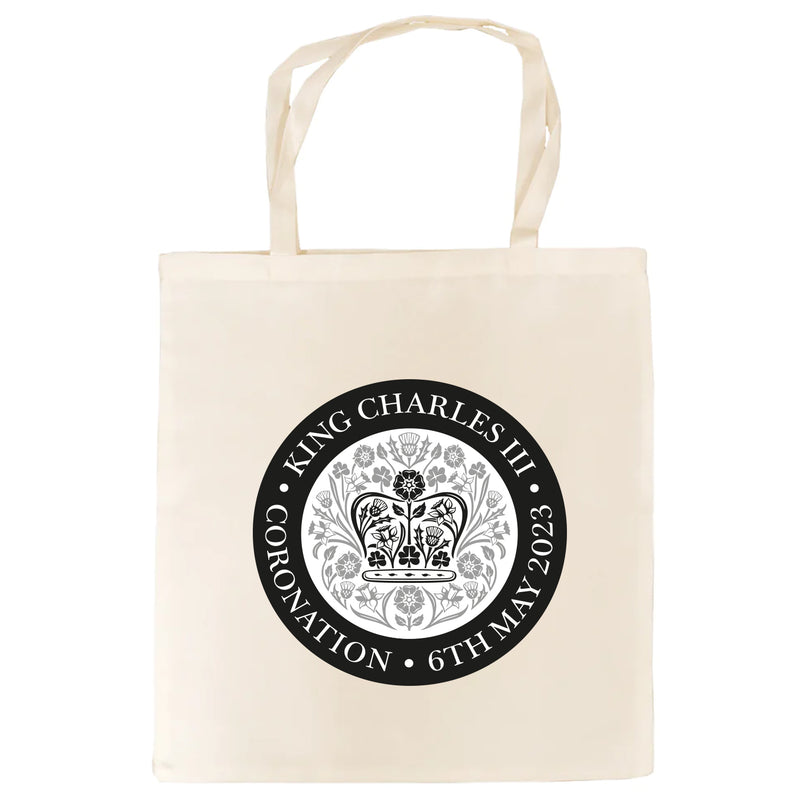 King Charles III Coronation Official Logo Tan Tote Bag - coronation bag-blue, red, pink, black, rainbow logo-coronation handbag, grab bag