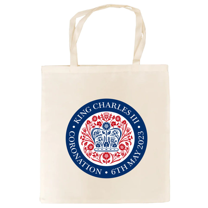 King Charles III Coronation Official Logo Tan Tote Bag - coronation bag-blue, red, pink, black, rainbow logo-coronation handbag, grab bag
