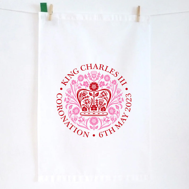 KING CHARLES OFFICIAL ENGLISH PINK LOGO TEA TOWEL