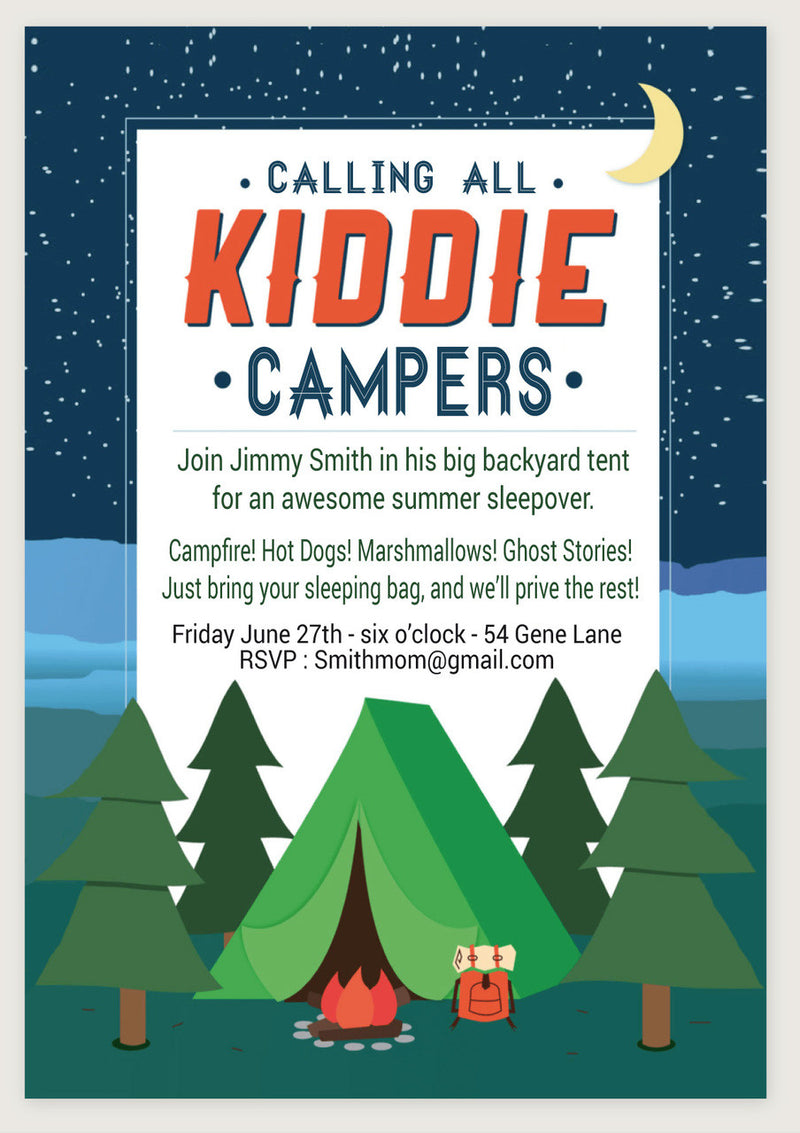 10 X Personalised Printed Kiddie Campers INSPIRED STYLE Invites