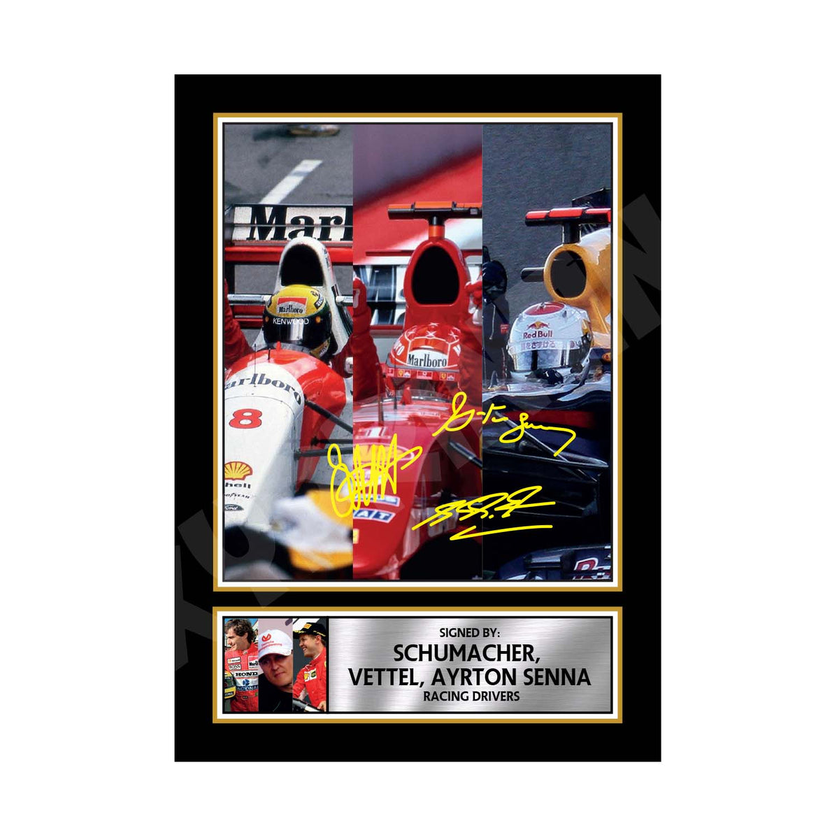 LEGENDS MONTAGE SCHUMACHER VETTEL AYRTON SENNA Racing Driver Printed Signature Print – Legends Montage Schumacher Vettel Ayrton Senna Racing Driver Printed Signature – A1 Print Only