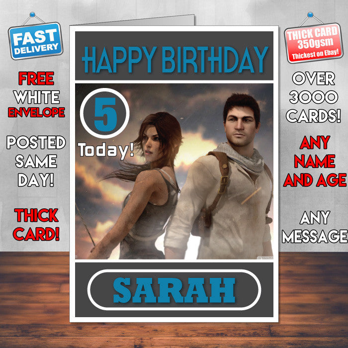Personalised Lara Croft And Nathan Drake 2 Inspired Style Game Kids Inspired Birthday Card (SA) β Personalised Lara Croft And Nathan Drake 2 Game Birthday Card