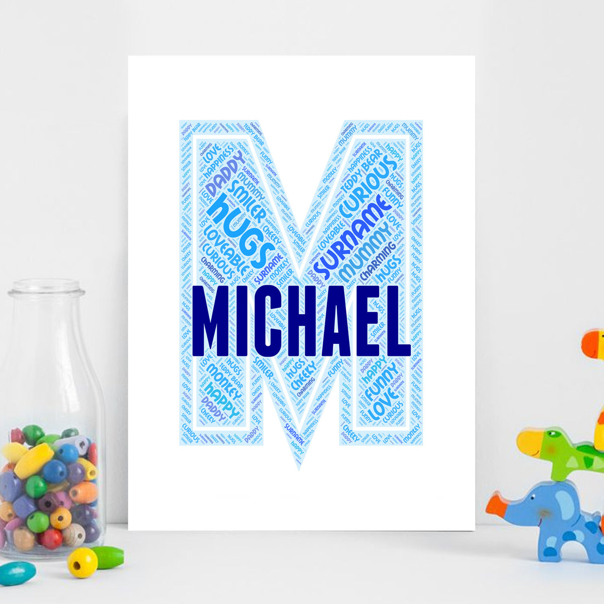 Personalised Name Word Art Poster Print Blue Letter M β Personalised name word art print, blue letter M, print only