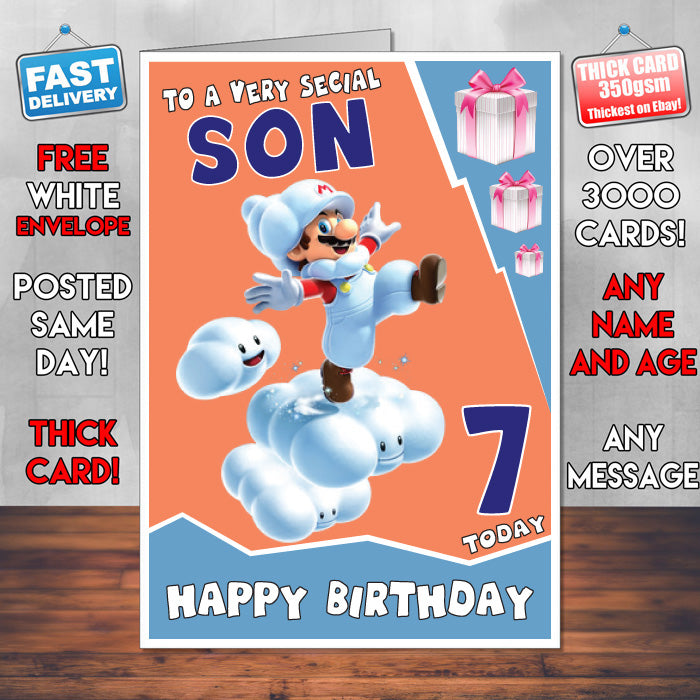 Mario Cloud Super Mario Inspired Theme Personalised Kids Inspired Birthday Card (SA060917) β Mario Cloud Super Mario Inspired Theme Personalised Birthday Card β personalised Birthday Card