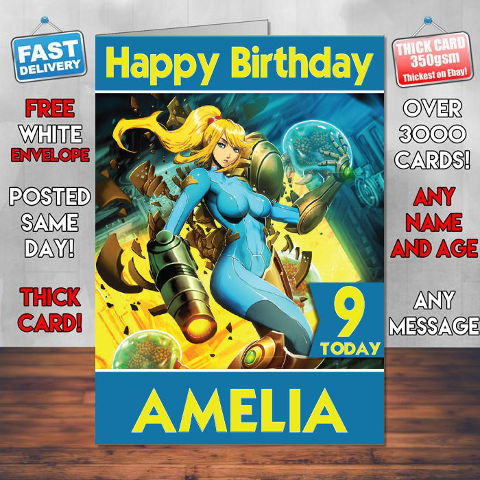 Metroid By Genzoman Movie Inspired Theme Personalised Kids Inspired Birthday Card (SA060917) – Metroid By Genzoman Personalised Birthday Card – personalised Birthday Card
