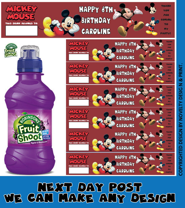 Micky Mouse Inspired Theme Personalised Party Fruit Shoot Label Sticker