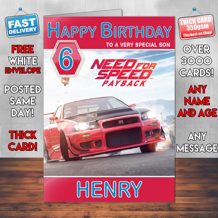 Personalised Need For Speed Payback Inspired Style Game Kids Inspired Birthday Card (SA) – Personalised Need For Speed Payback Game Birthday Card