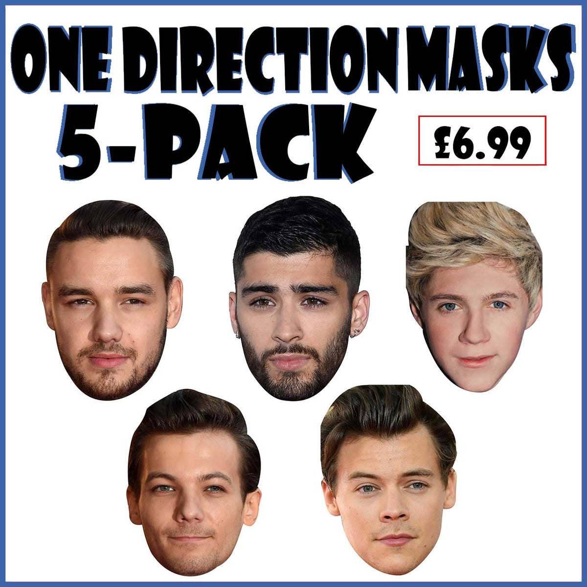 One Direction Face Masks – 5-Pack Party Set – One Direction five-pack cardboard party face masks – product image 1