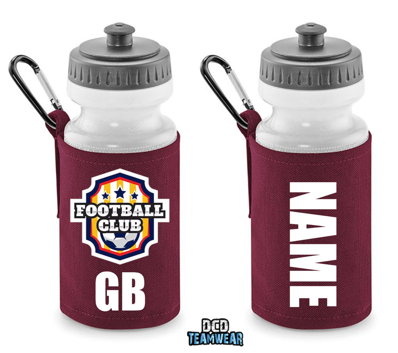 Maroon Personalised Bottle And Holder - Printed Name And Full Colour Badge - Your Own Personalised Badge