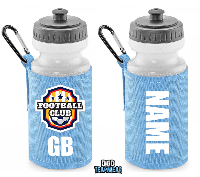 Sky Blue Personalised Bottle And Holder - Printed Name And Full Colour Badge - Your Own Personalised Badge