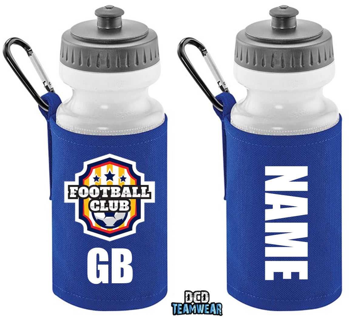 Royal Blue Personalised Bottle And Holder - Printed Name And Full Colour Badge