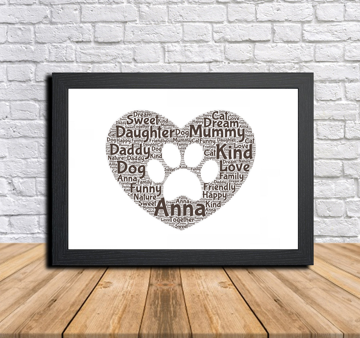 Personalised Paw Print 2 Word Art Poster Print β Personalised paw print heart word art print in a black frame