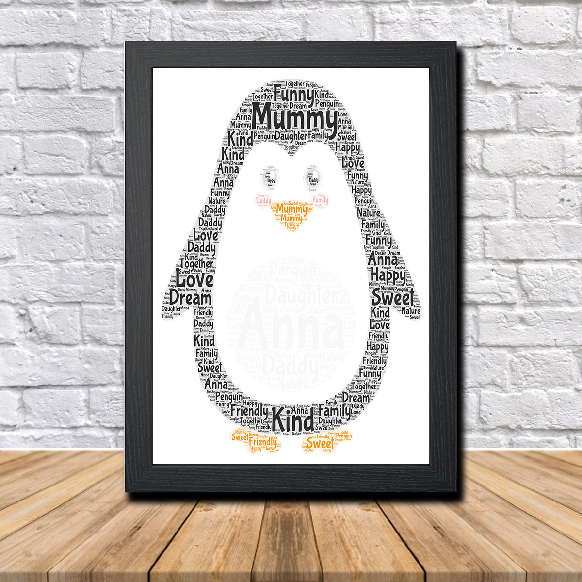 Personalised Penguin 1 Word Art Poster Print – Personalised penguin word art print in a black frame