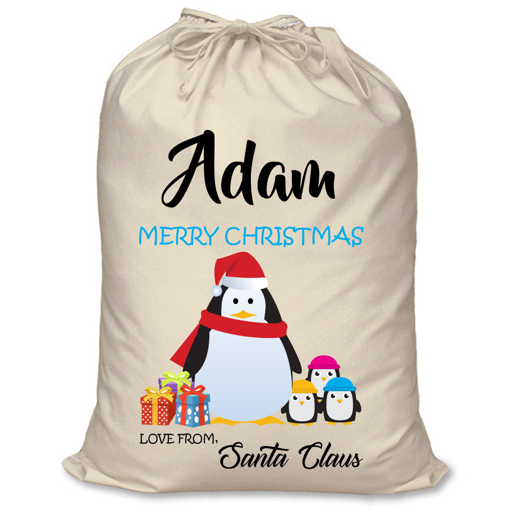 Personalised Penguin Santa Sack Blue Adam XL Extra Large Custom Name
