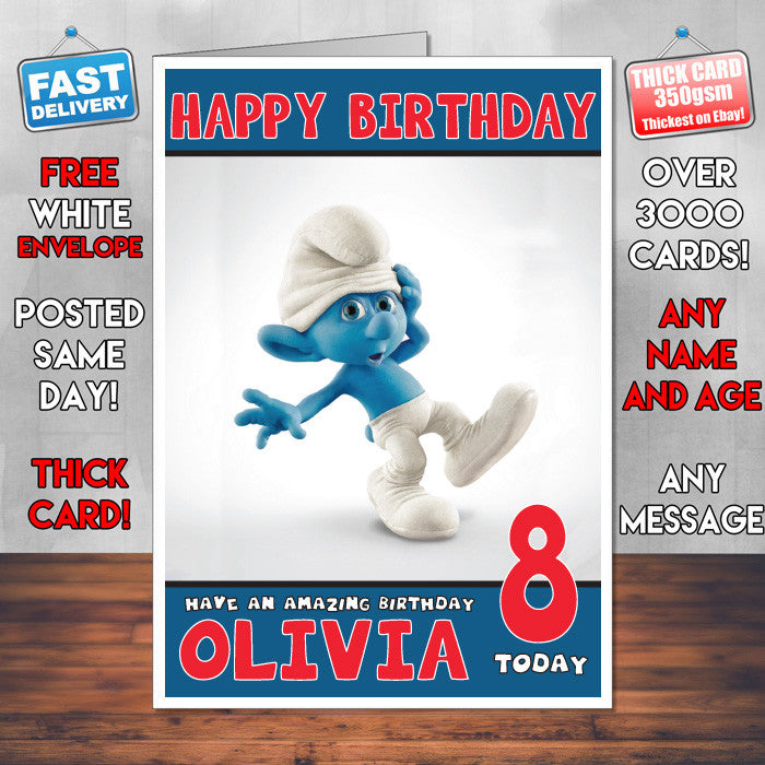 Personalised Clumsy Smurfs Style Inspired Cartoon Birthday Card (SA) β Personalised Clumsy Smurfs Style Inspired Cartoon Birthday Card