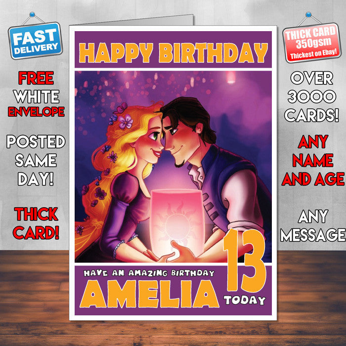 Personalised Rapunzel Style Inspired Cartoon Birthday Card (SA)