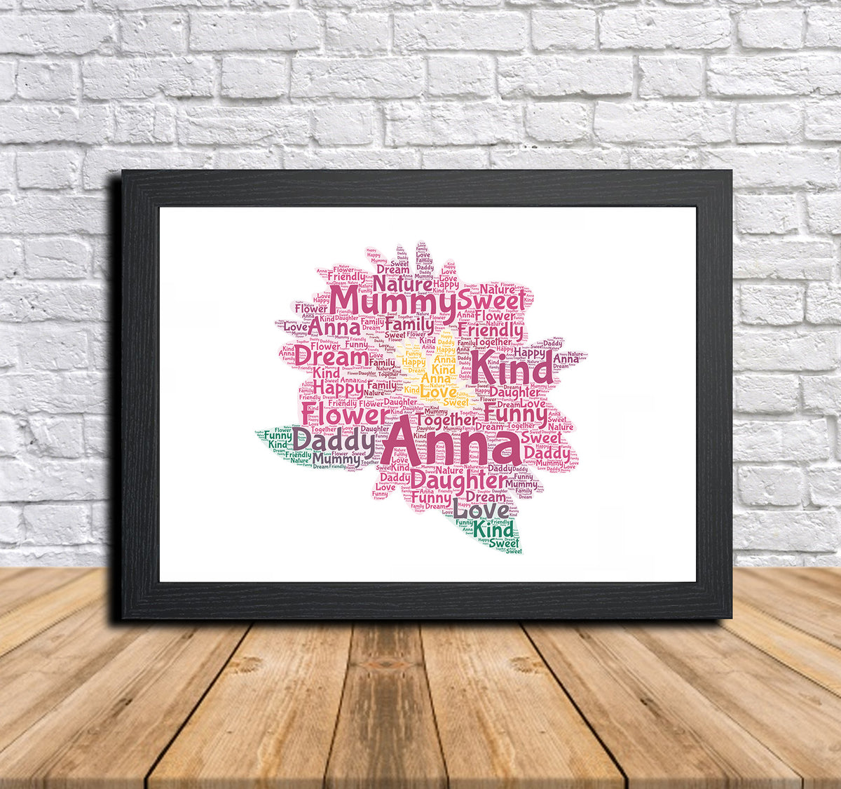 Personalised Pink Flower Word Art Poster Print – Personalised pink flower word art print in a black frame
