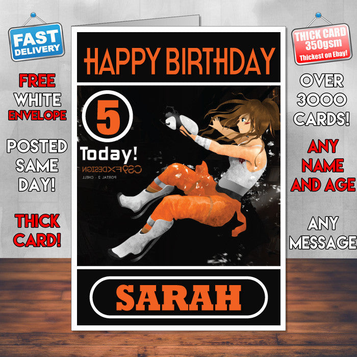 Personalised Portal 2 Chell Concept Inspired Style Game Kids Inspired Birthday Card (SA) – Personalised Portal 2 Chell Concept Game Birthday Card
