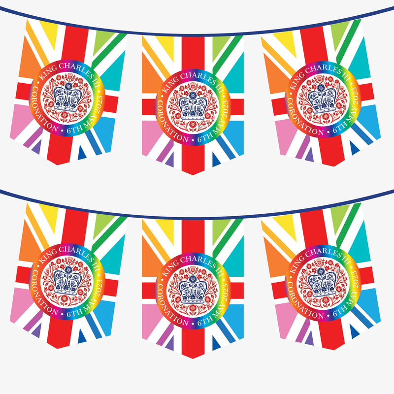 King Charles Coronation Bunting - Rainbow/LGBT Design Mixed Pennants - 3 Metres - 6 Metres