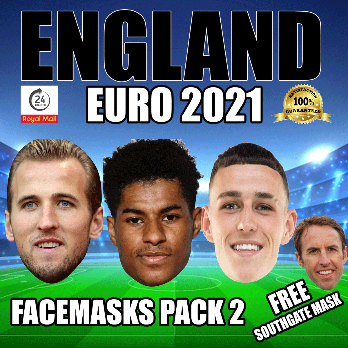 England Euro 2021 Face Mask Pack 2 Kane, Rashford, Foden, Free Southgate