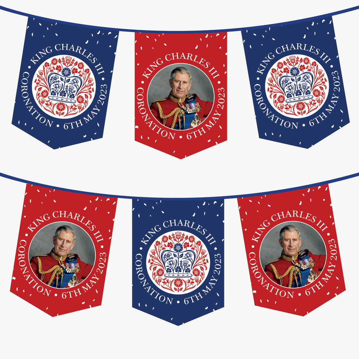 King Charles Coronation Bunting - Blue Logo Red Image Mixed Pennants - 3 Metres - 6 Metres