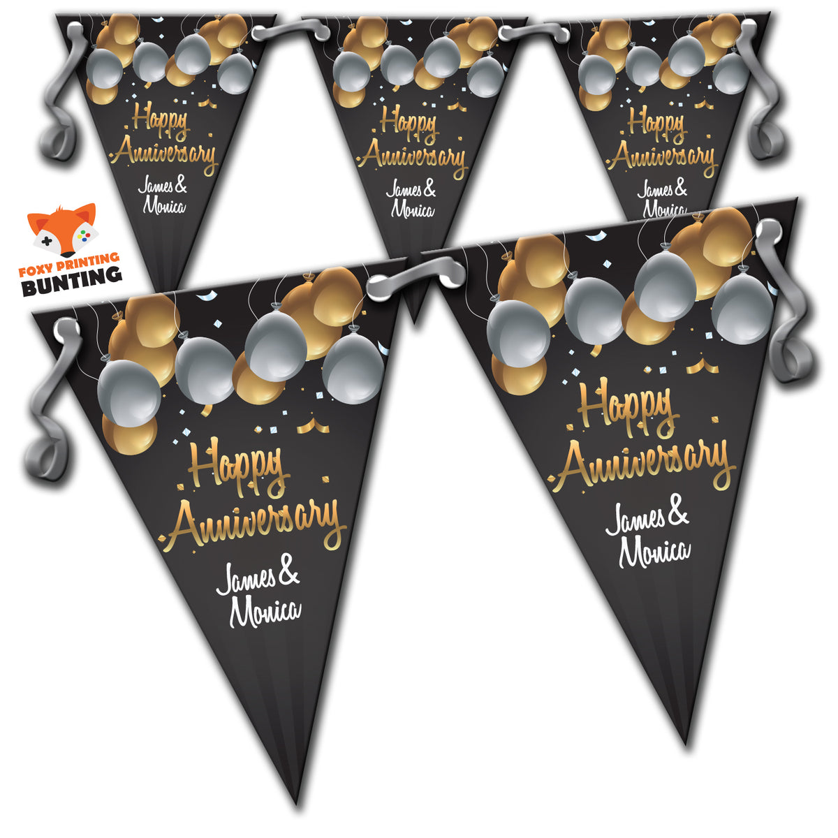 RM50 Single Anniversary Golden Balloon Bunting B Personalised Custom Bunting Premium Party Decorations (Standard Bunting (14.8cm X 21cm))