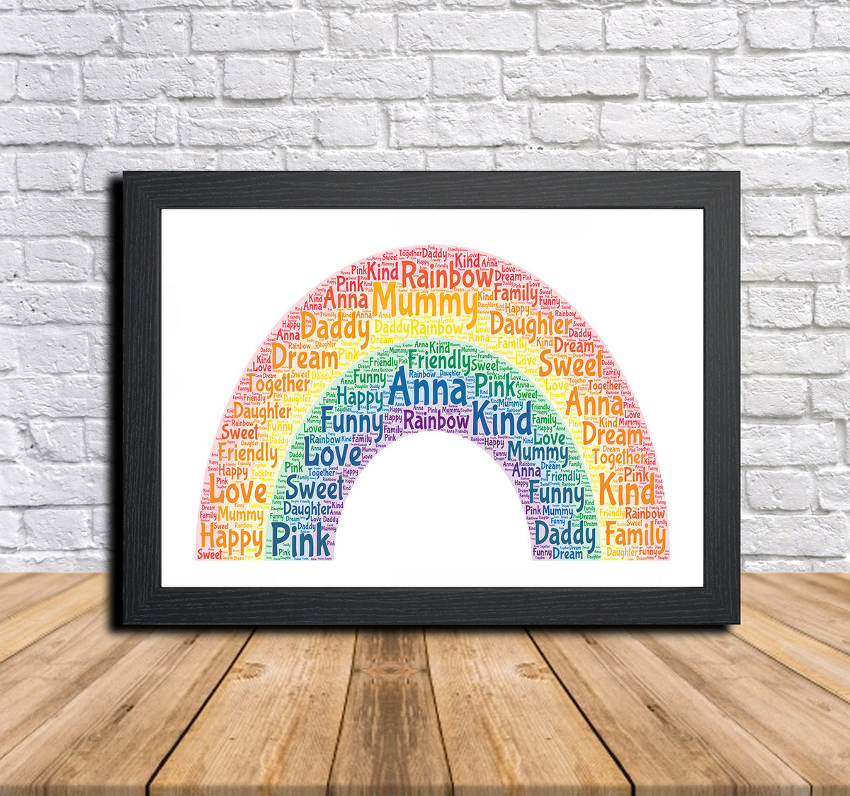 Personalised Rainbow 1 B Word Art Poster Print – Personalised rainbow word art print in a black frame