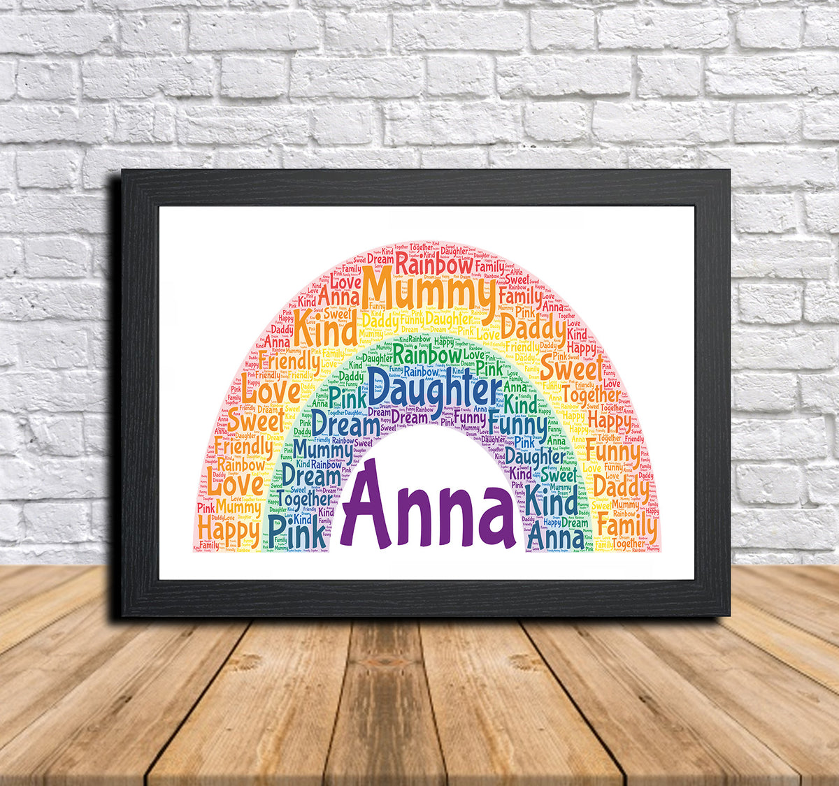 Personalised Rainbow 1 Word Art Poster Print – Personalised rainbow word art print in a black frame