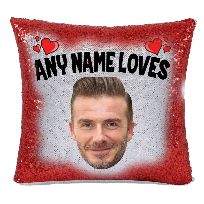 RED MAGIC SEQUIN CUSHION- ANY NAME LOVES DAVID BECKHAM – Red Magic Sequin Cushion- ANY Name Loves David Beckham