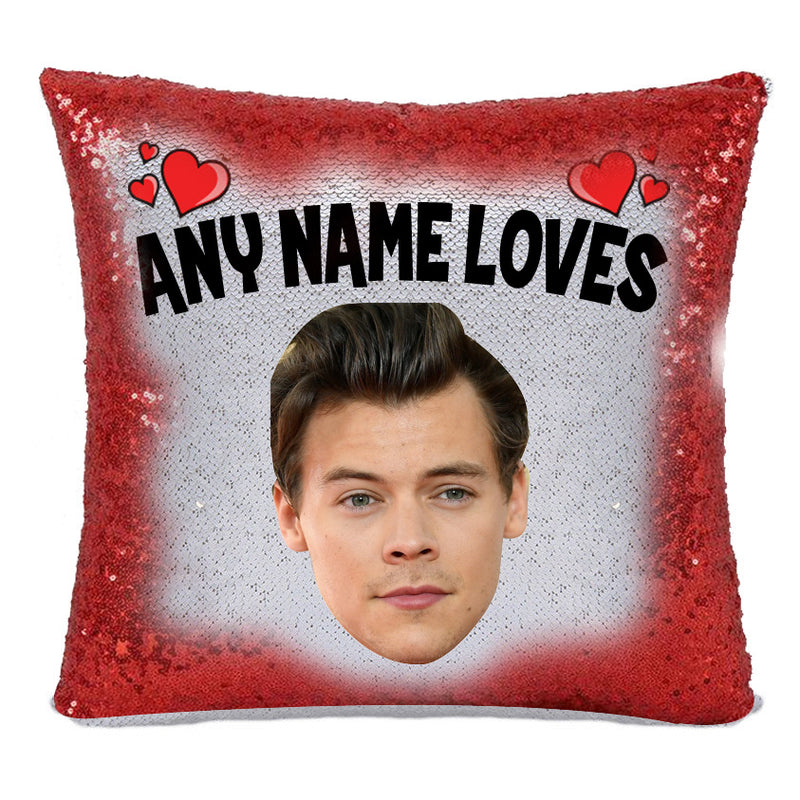 RED MAGIC SEQUIN CUSHION- ANY NAME LOVES HARRY STYLES