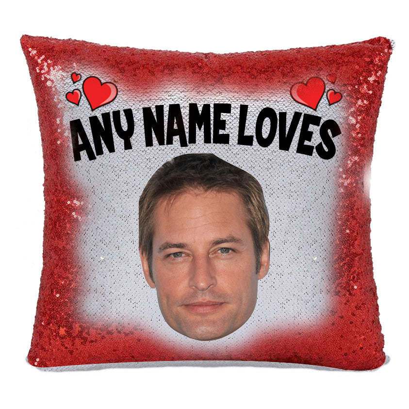 Red Magic Sequin Cushion- ANY Name Loves Josh Holloway