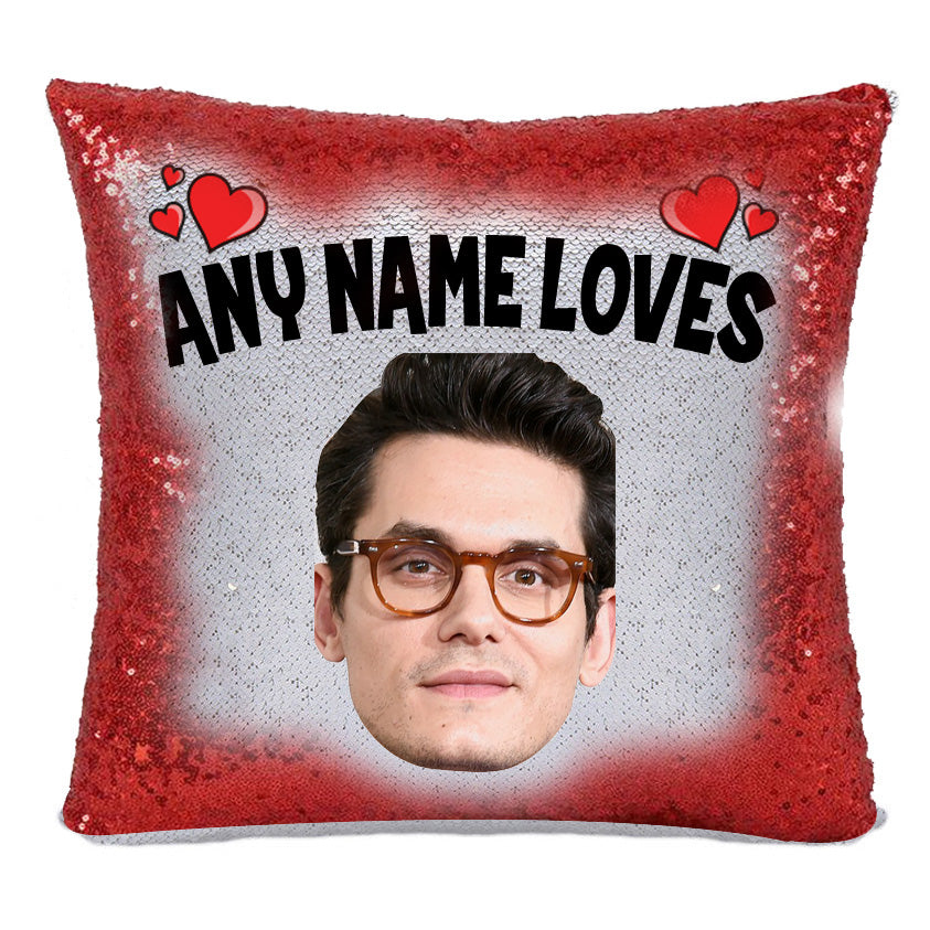 Red Magic Sequin Cushion- ANY Name Loves John Mayer