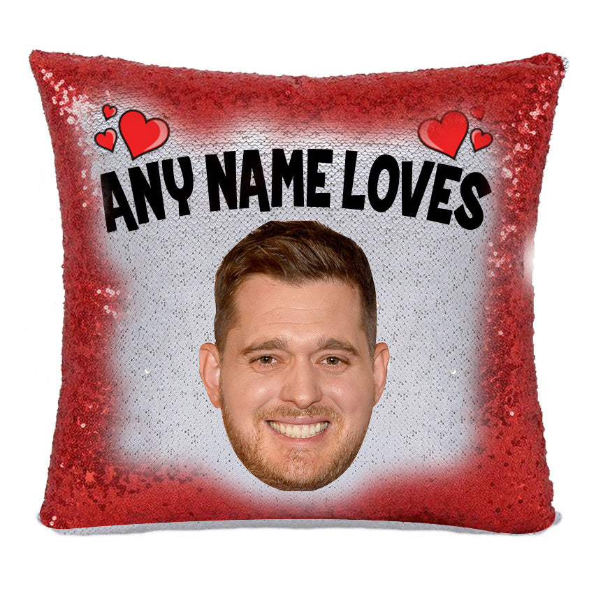 Red Magic Sequin Cushion- ANY Name Loves Michael Buble 2