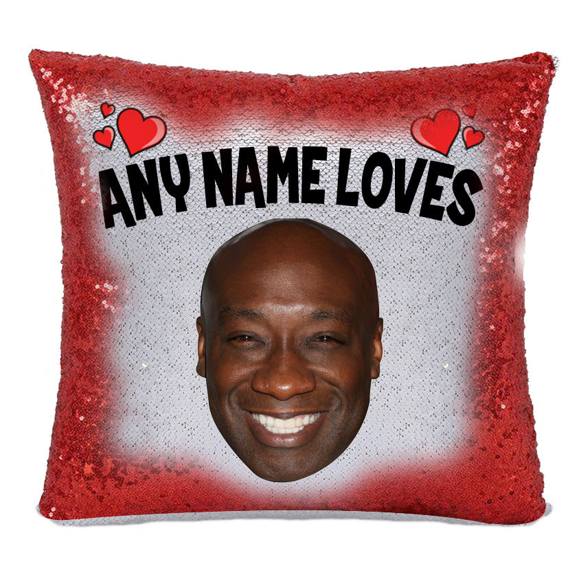 Red Magic Sequin Cushion- ANY Name Loves Michael Clarke Duncan
