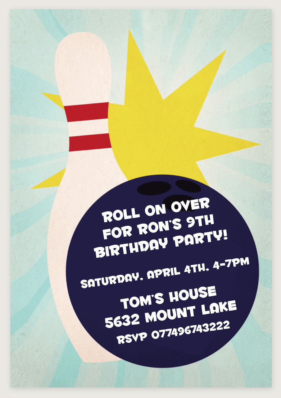 10 X Personalised Printed Roll On Bowling INSPIRED STYLE Invites – 10 X Personalised Printed Roll On Bowling Invites