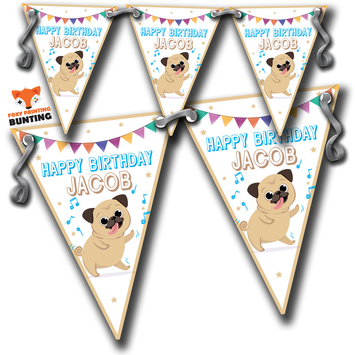 S025 BUNTING FUNNY PUG DOG Personalised Custom Bunting Premium Party Decorations (Standard Bunting (14.8cm X 21cm))