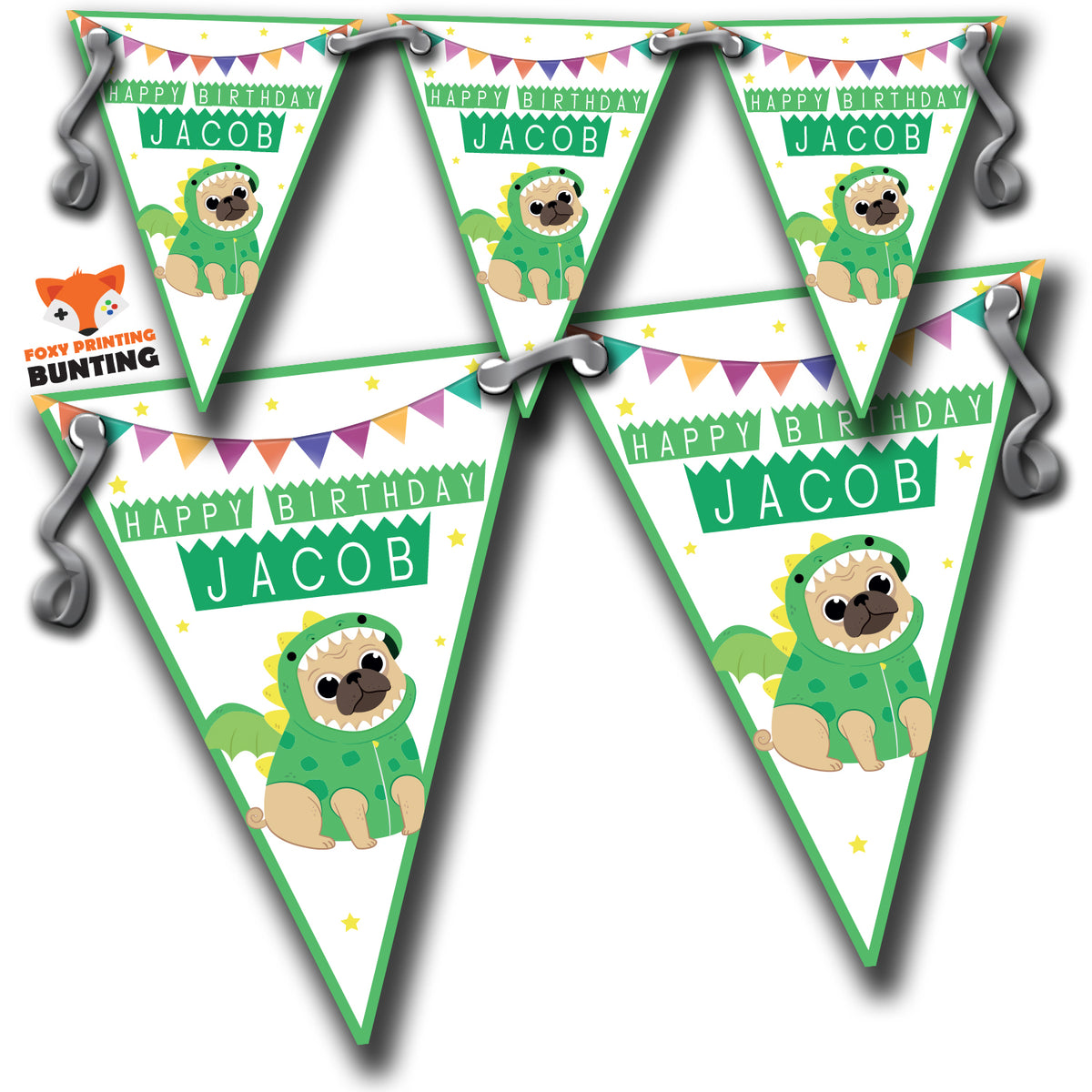 S026 BUNTING FUNNY PUG 2 Personalised Custom Bunting Premium Party Decorations (Standard Bunting (14.8cm X 21cm)) – S026 Bunting Funny PUG 2 Personalised Custom Bunting
