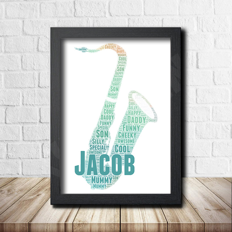 Personalised saxophone word art print in a black frame