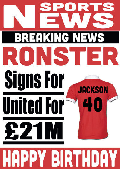 Signed For Manchester Utd. FOOTBALL TEAM THEME INSPIRED PERSONALISED Kids Adult Birthday Card