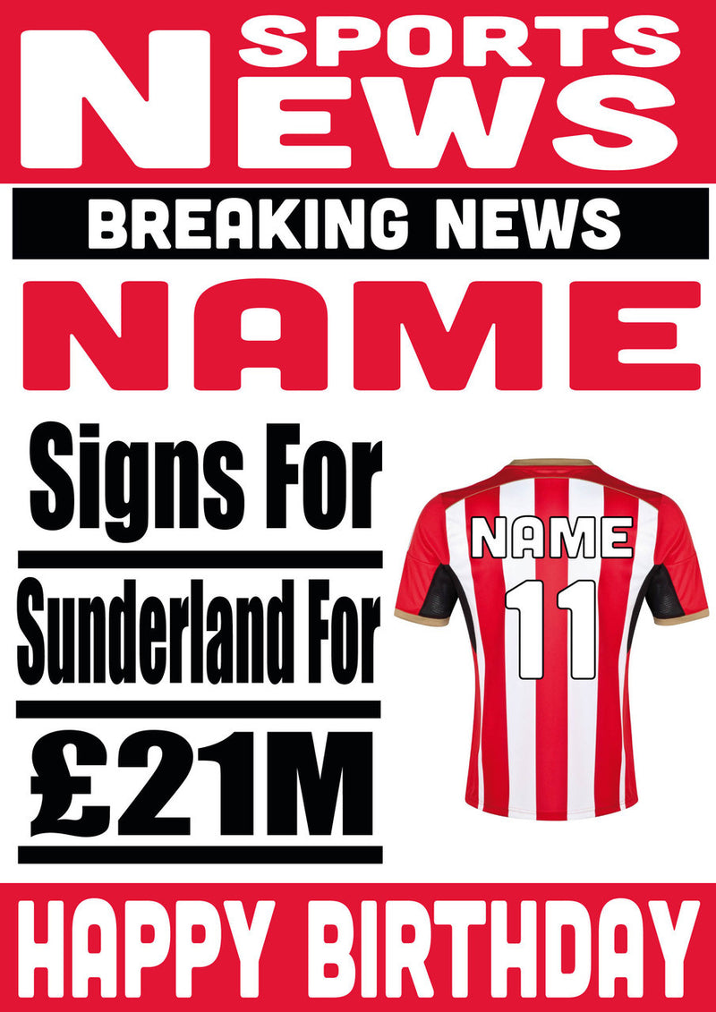 Signed For Sunderland FOOTBALL TEAM THEME INSPIRED PERSONALISED Kids Adult Birthday Card