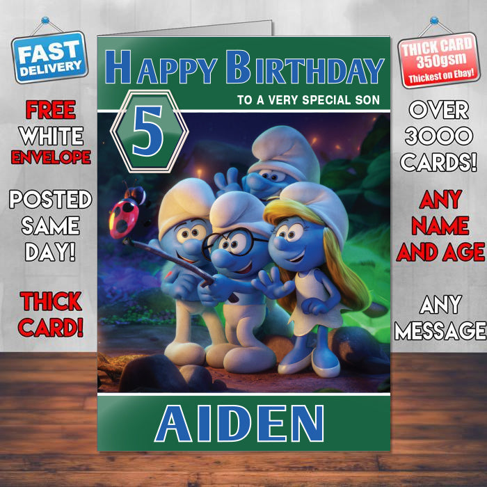 Smurfs The Lost Village Animation Theme Style Personalised Kids Inspired Movie Birthday Card (SA) – Smurfs The Lost Village Animation Theme Style Personalised Movie Birthday Card