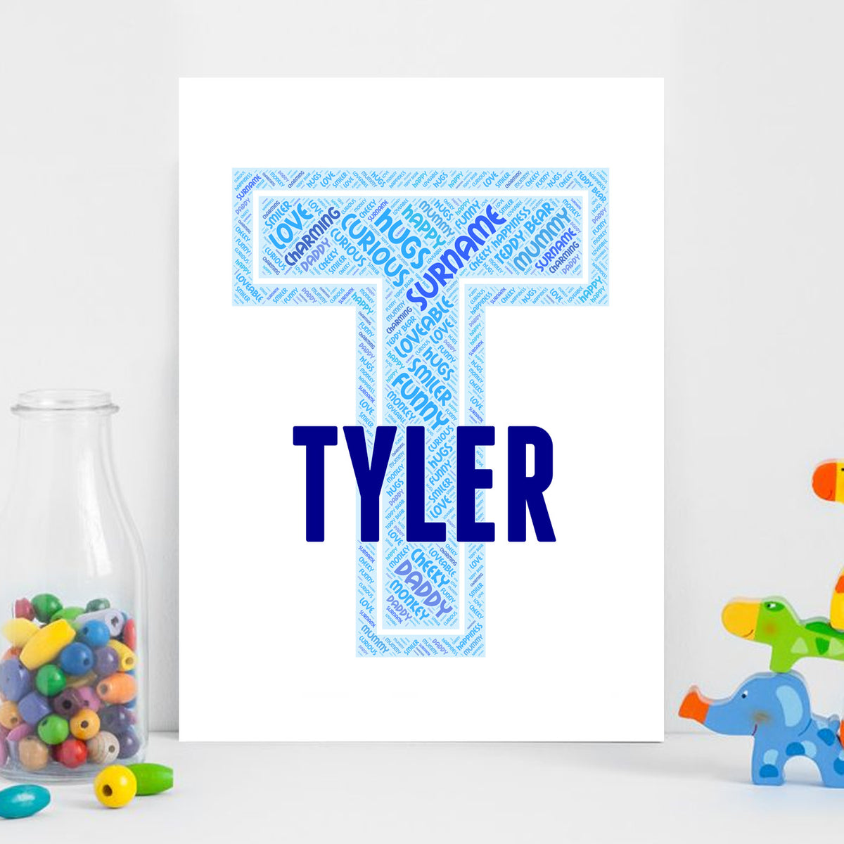 Personalised Name Word Art Poster Print Blue Letter T – Personalised name word art print, blue letter T, print only
