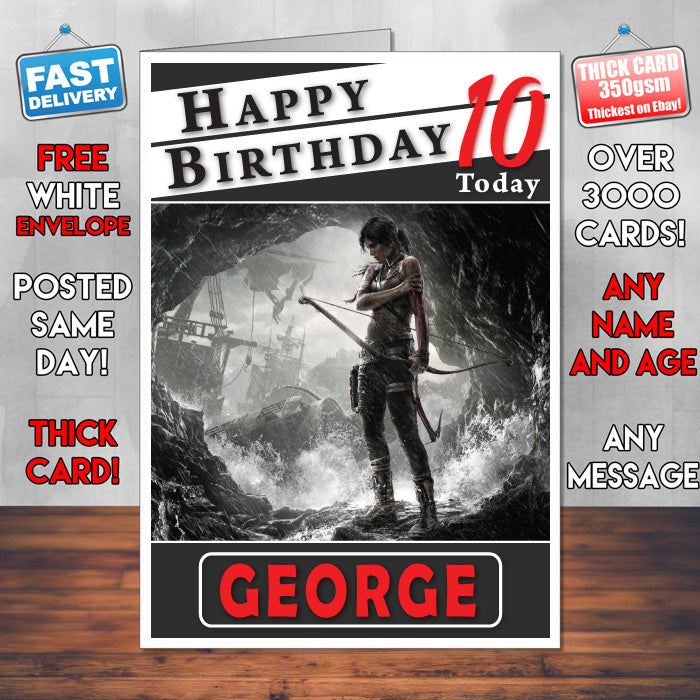 Personalised Tomb Raider Lara Croft Inspired Style Game Kids Inspired Birthday Card (SA)