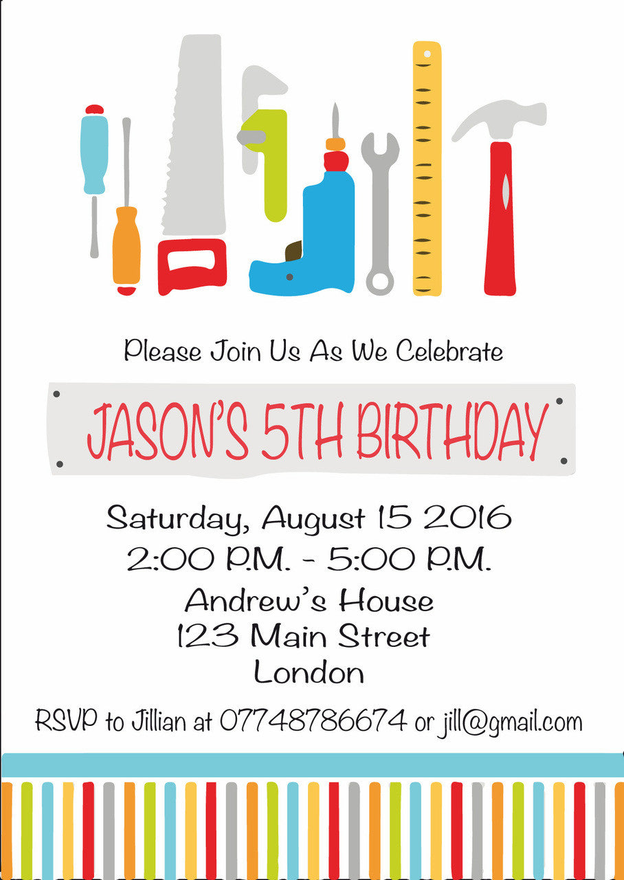 10 X Personalised Printed Tools Birthday INSPIRED STYLE Invites – 10 X Personalised Printed Tools Birthday Invites