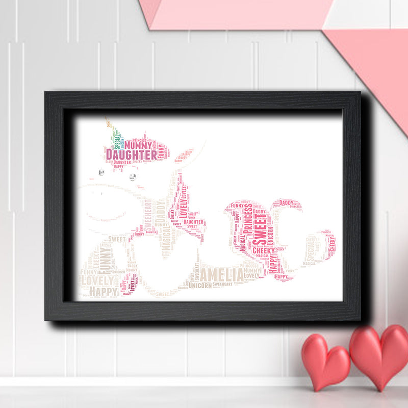 Personalised Unicorn 3 Word Art Poster Print – Personalised unicorn word art print in a black frame