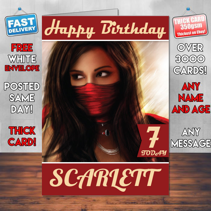 Warrior Girl Red Game Inspired Theme Personalised Kids Inspired Birthday Card (SA060917) β Warrior Girl Red Game Inspired Theme Personalised Birthday Card β personalised Birthday Card