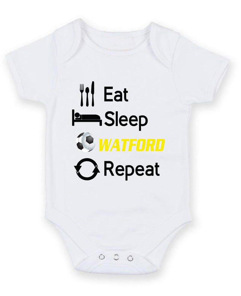 Watford Eat Sleep Repeat Football Fan Baby Grow Bodysuit