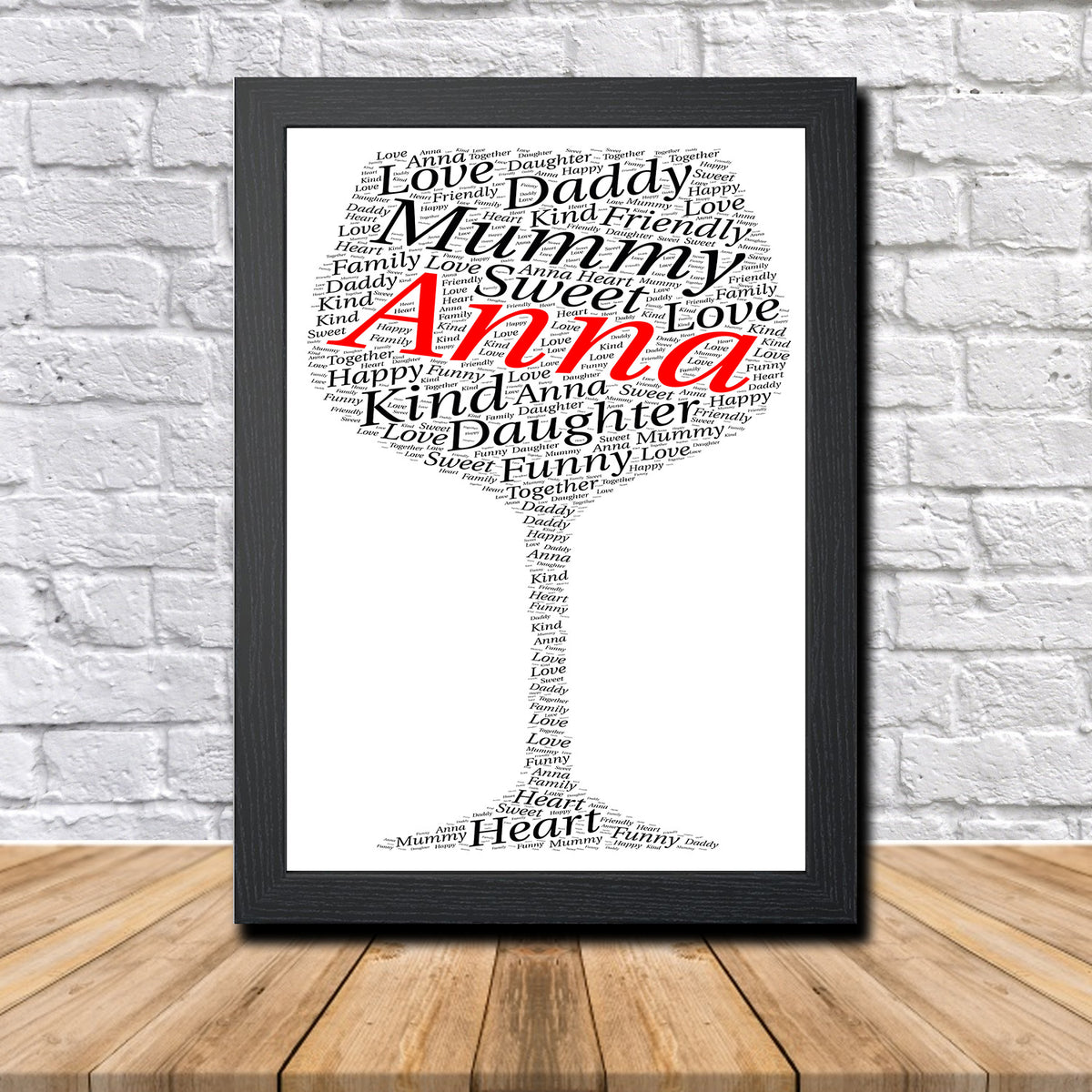 Personalised Wine Glass 1 B Word Art Poster Print – Personalised wine glass word art print in a black frame