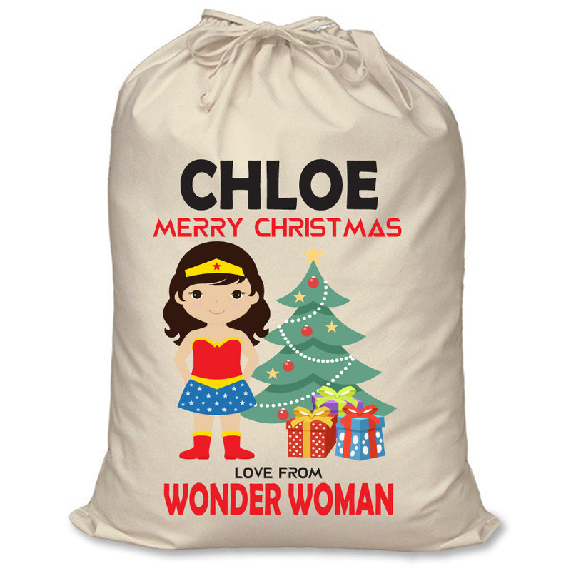 PERSONALISED Cartoon Inspired Super Hero Amazing Woman CHLOE - XL Children's Christmas Santa Sack CUSTOMISE Present